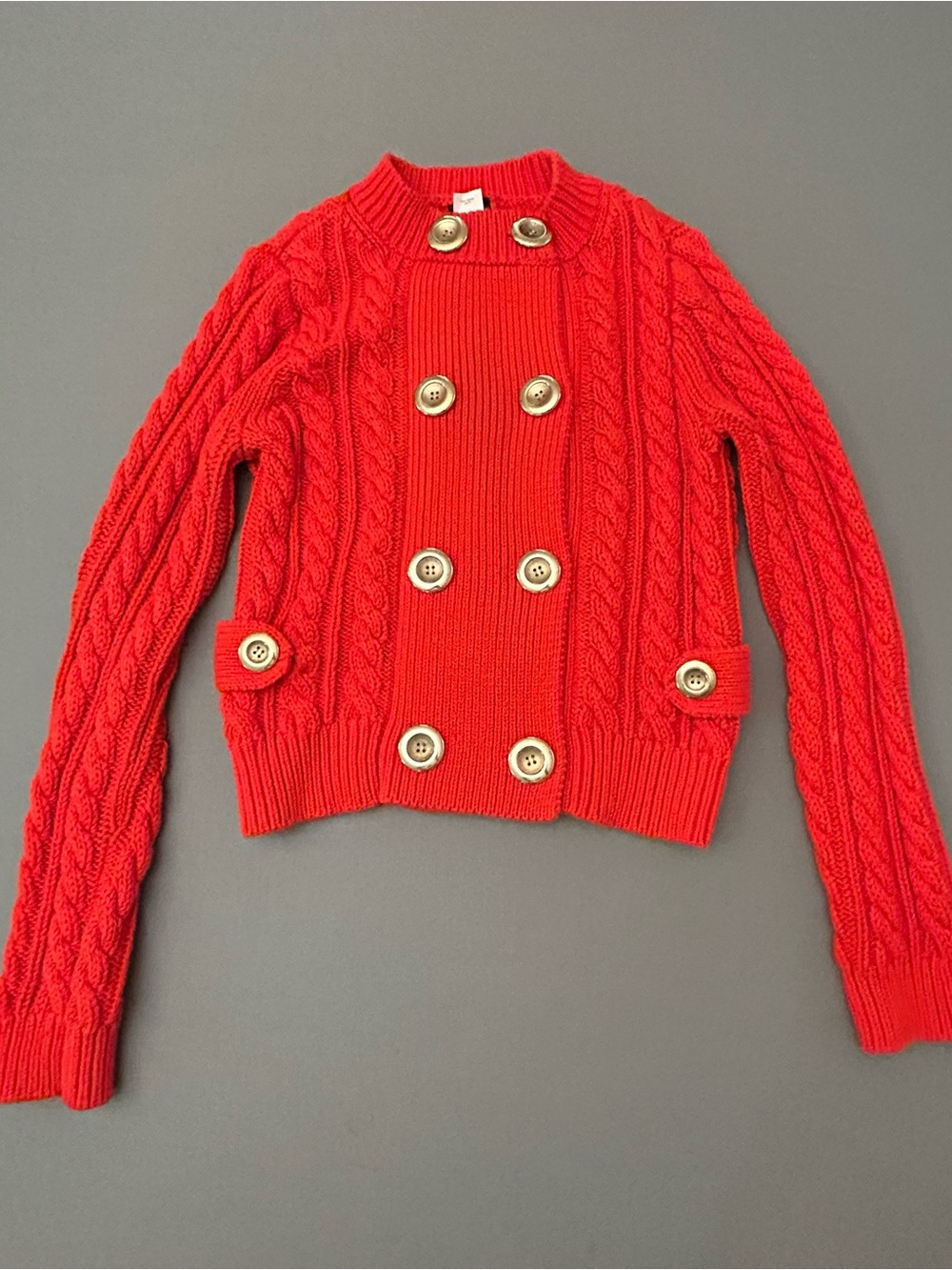 J.‎ Crew Redish Orange Cable-Knit Double-Breasted Cardigan with Gold Buttons